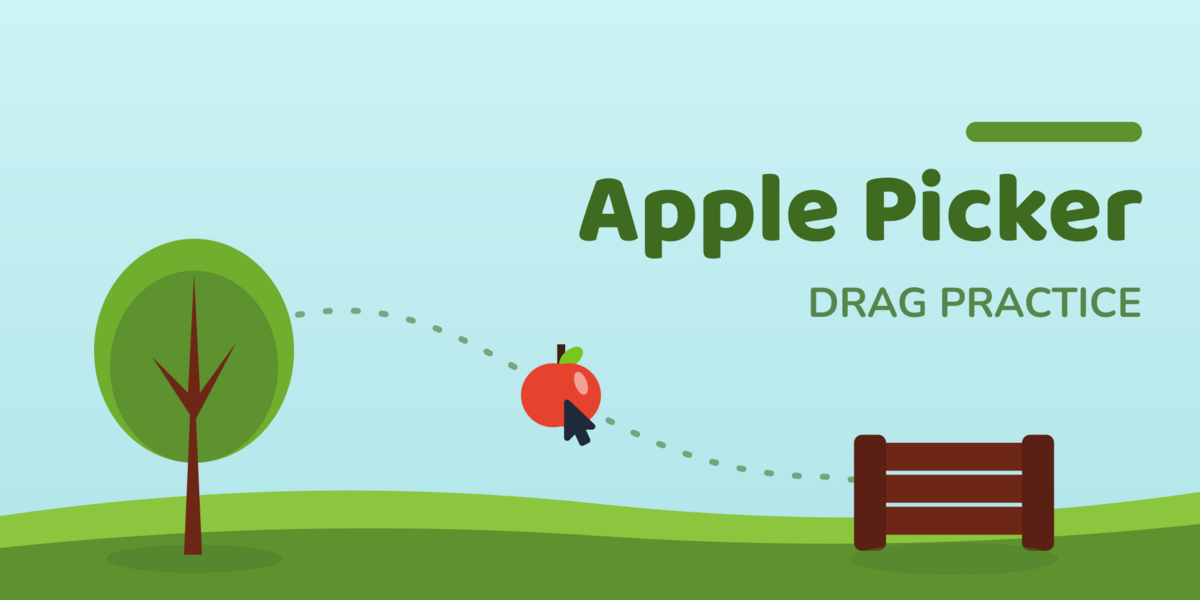 A red apple being dragged from a tree to a wooden crate